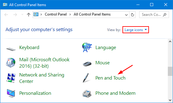 Pen and touch menu windows 10